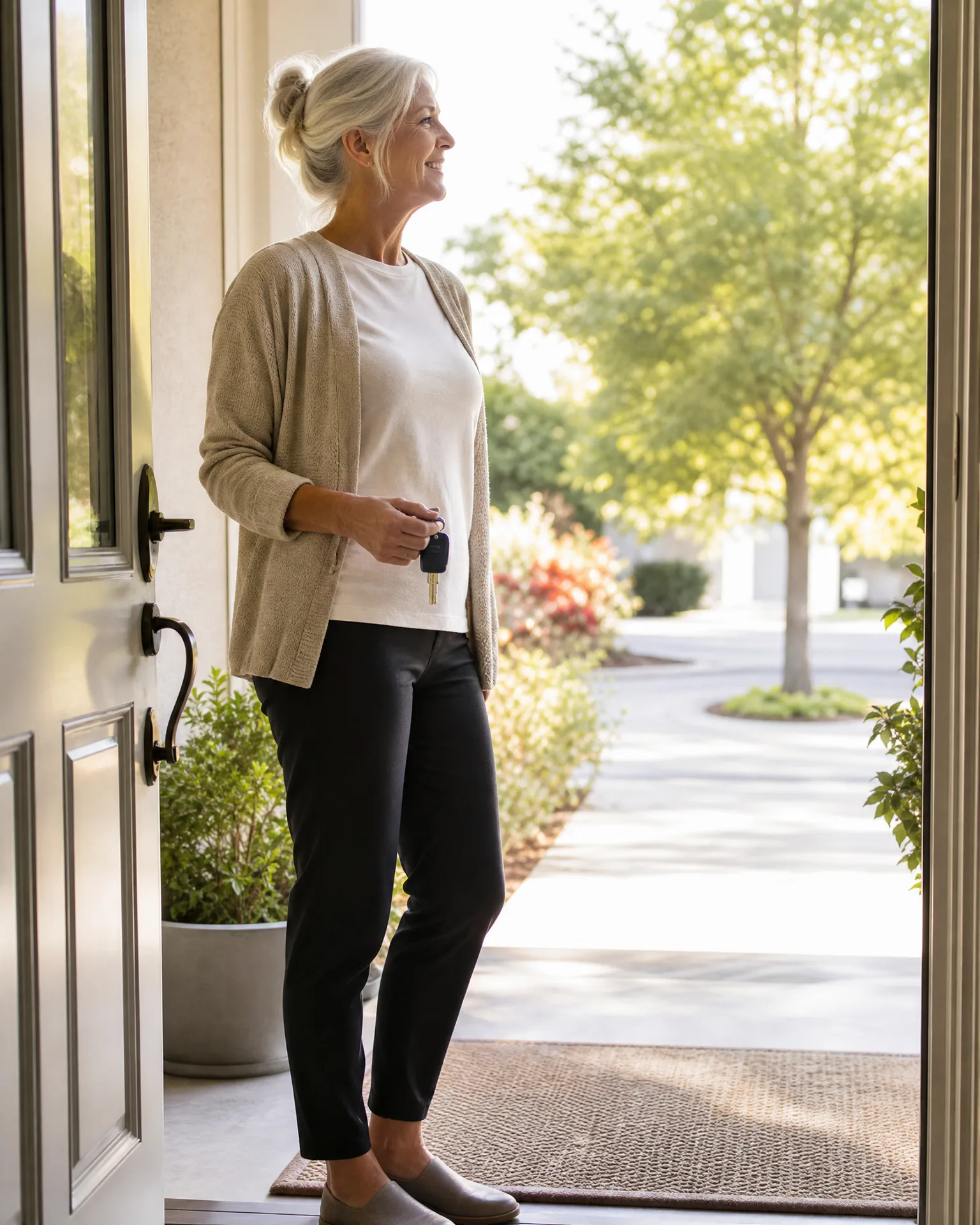 A woman with grey hair in a bun, wearing a beige cardigan, white top and black pants, stands in an open doorway holding a key fob and looking outward toward a sunlit street with trees and shrubs.