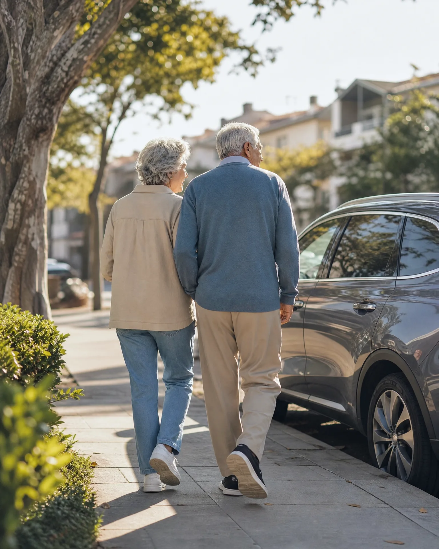 An older couple walks away from the camera along a paved sidewalk lined with trees and hedges, with a dark parked car to the right and blurred buildings in the background.