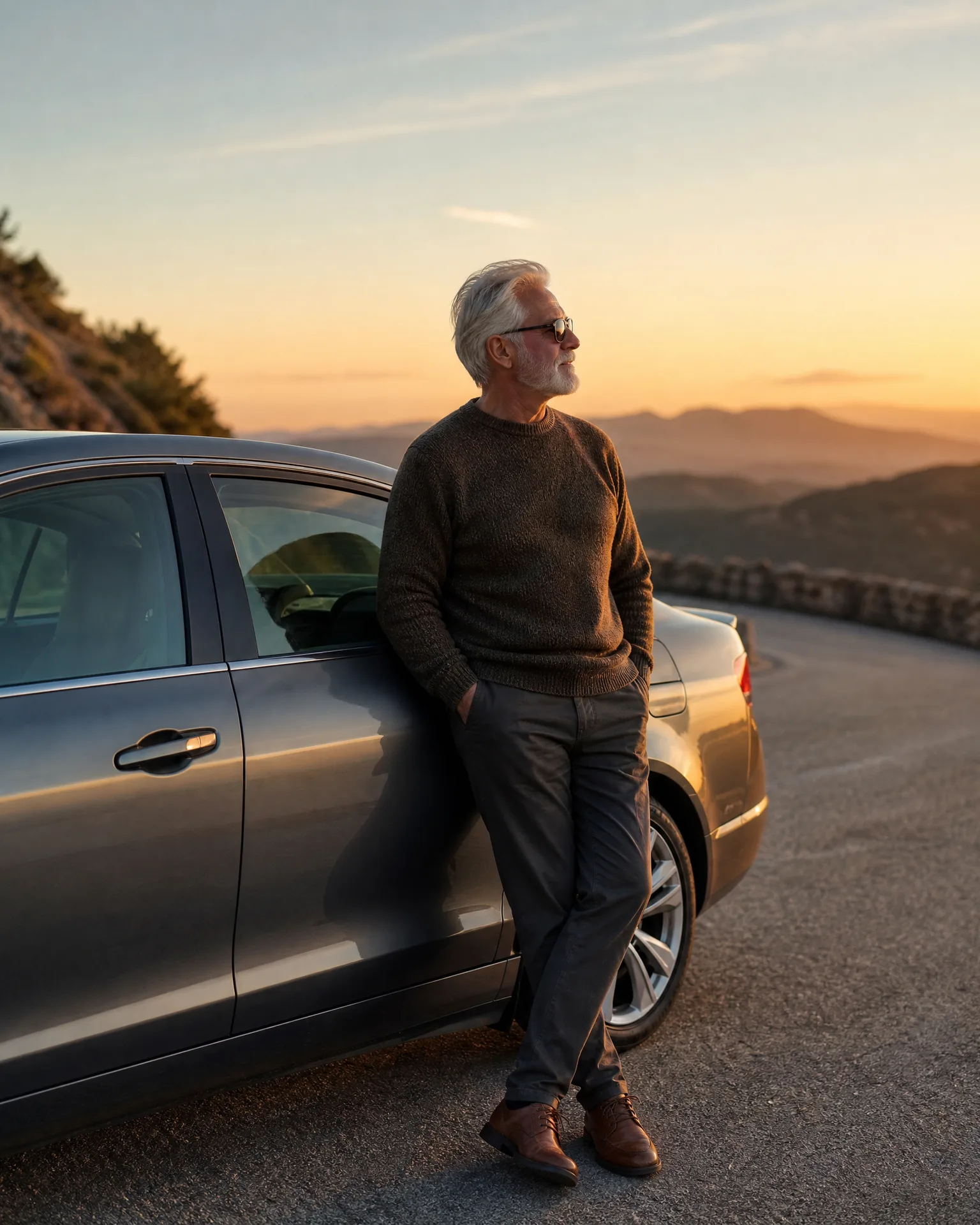 A gray-haired man in sunglasses, a dark knit sweater, gray trousers and brown boots leans against the side of a silver sedan parked on a paved overlook, with hazy mountain ridges and a sunset sky behind him.