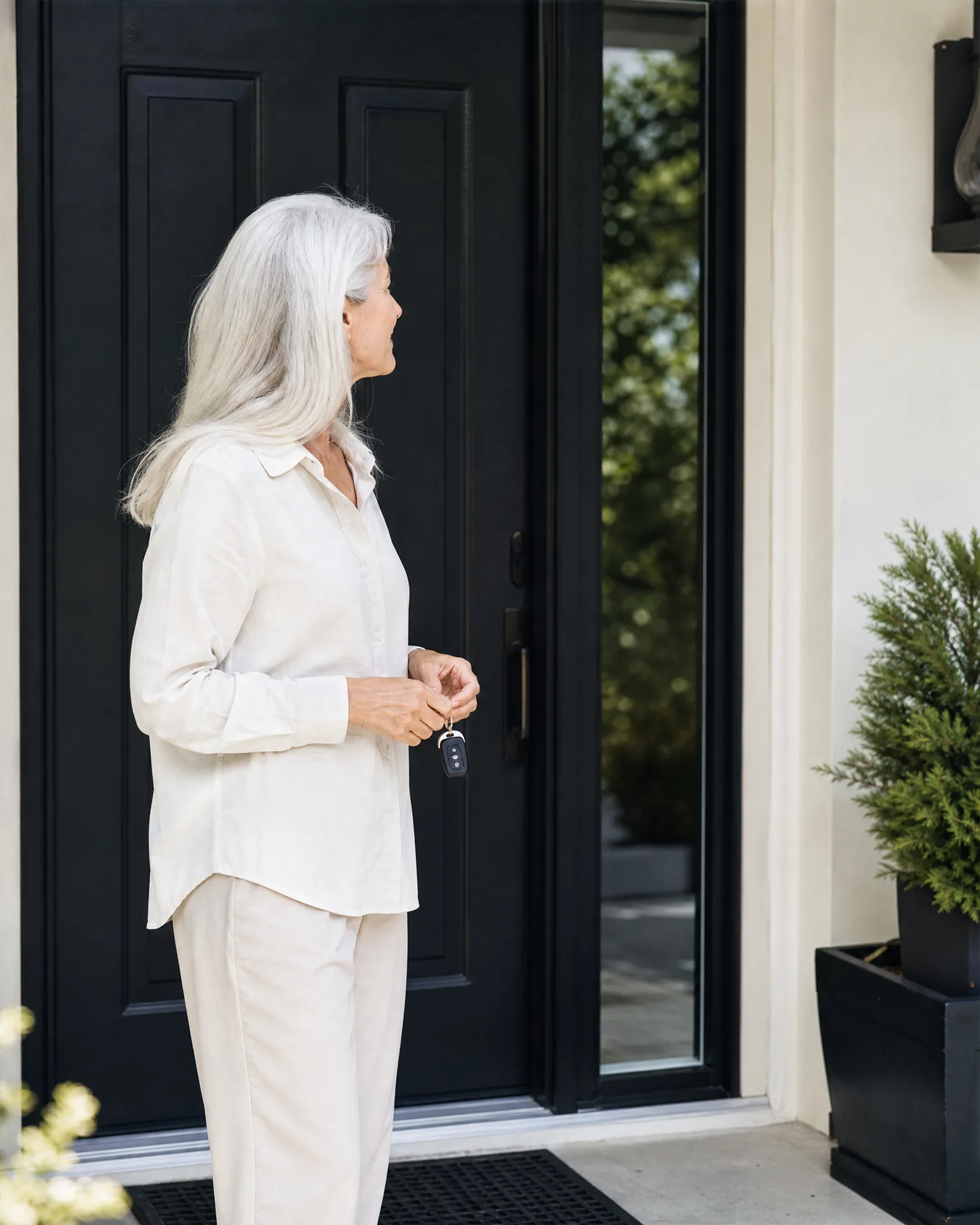 A woman with long white hair in a cream shirt and trousers stands holding a key fob in front of a black front door with a narrow glass sidelight, beside a potted shrub and a doormat.