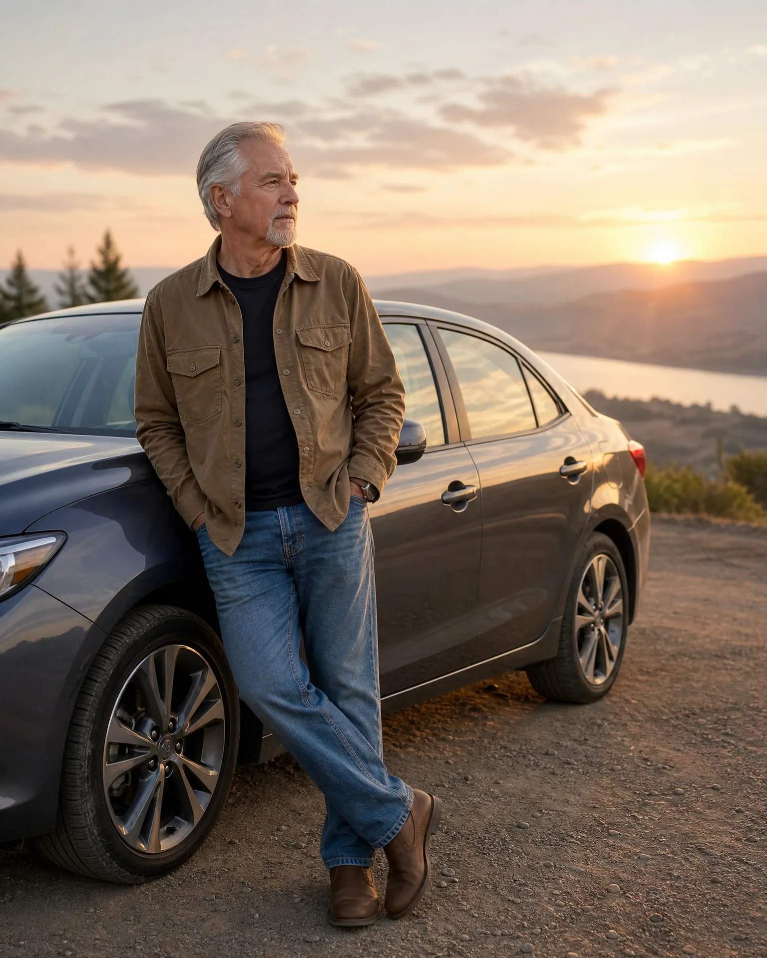 A gray-haired man in a tan jacket, dark shirt and jeans leans against a dark sedan on a gravel overlook, with hills, water and a setting sun behind him.