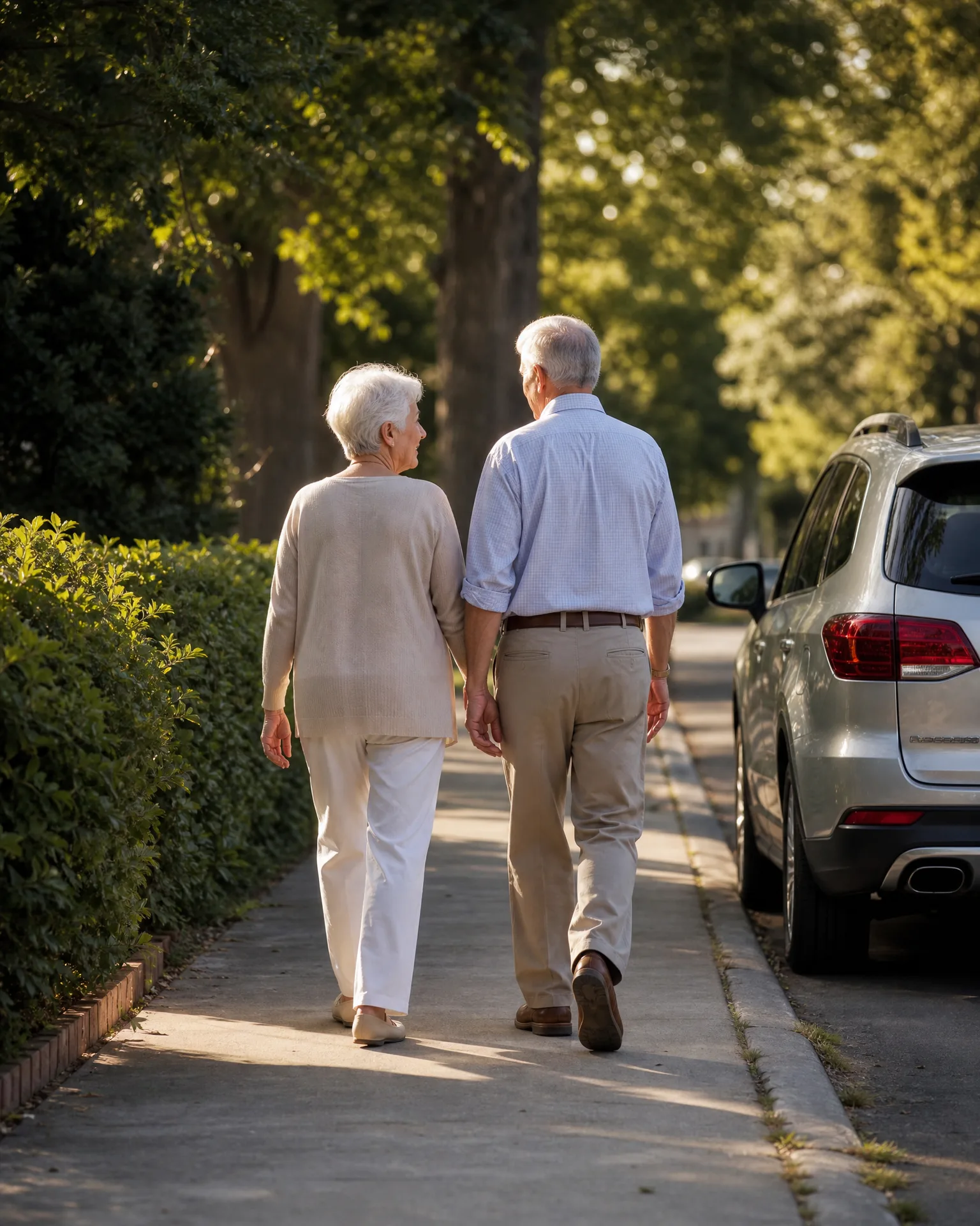 An older man and woman walk away from the camera along a sidewalk bordered by a trimmed hedge and leafy trees, with a silver SUV parked at the curb on the right.