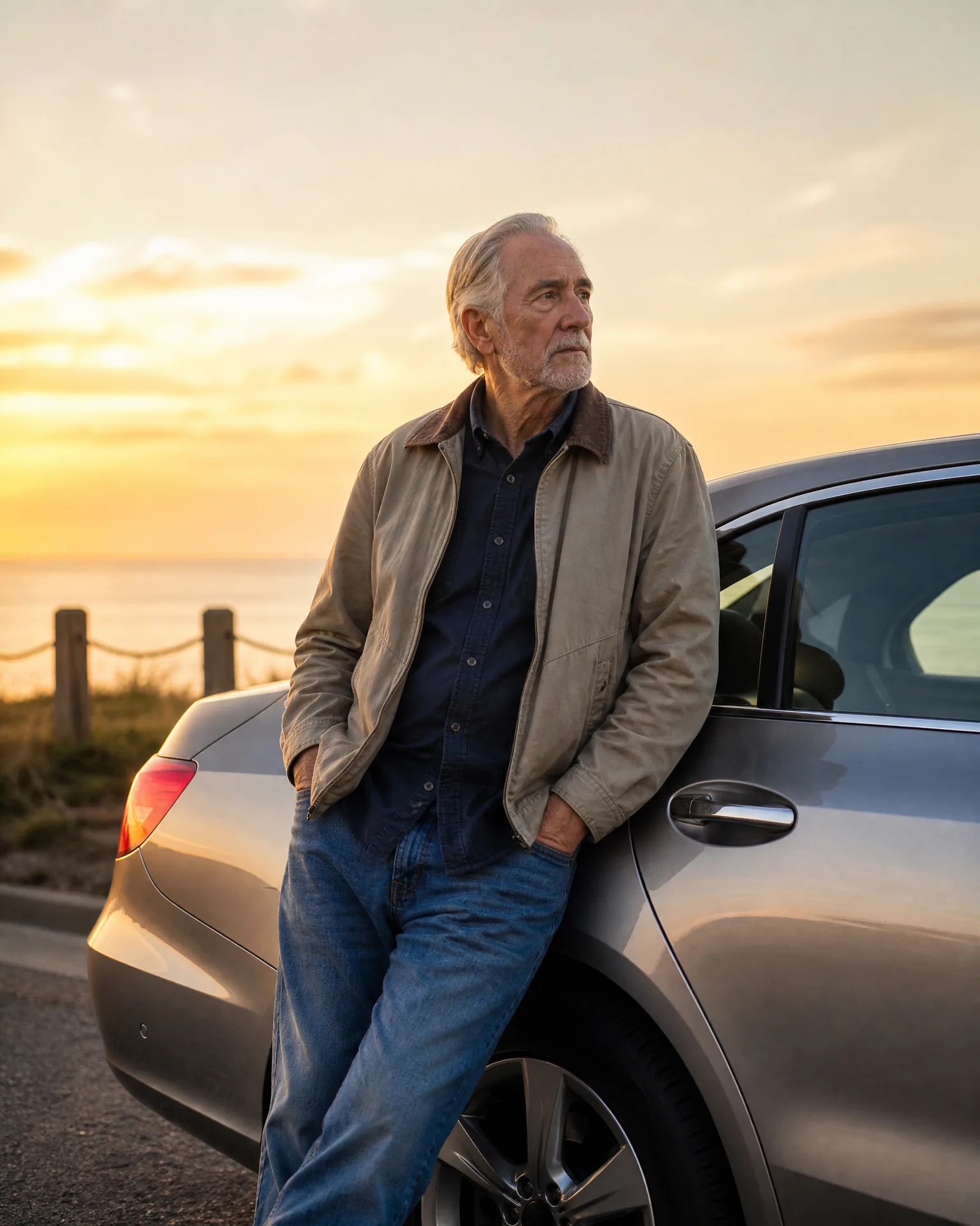An older man in a tan jacket, dark shirt and jeans leans against the side of a silver car near a coastline at sunset, with a rope-and-post fence behind him.