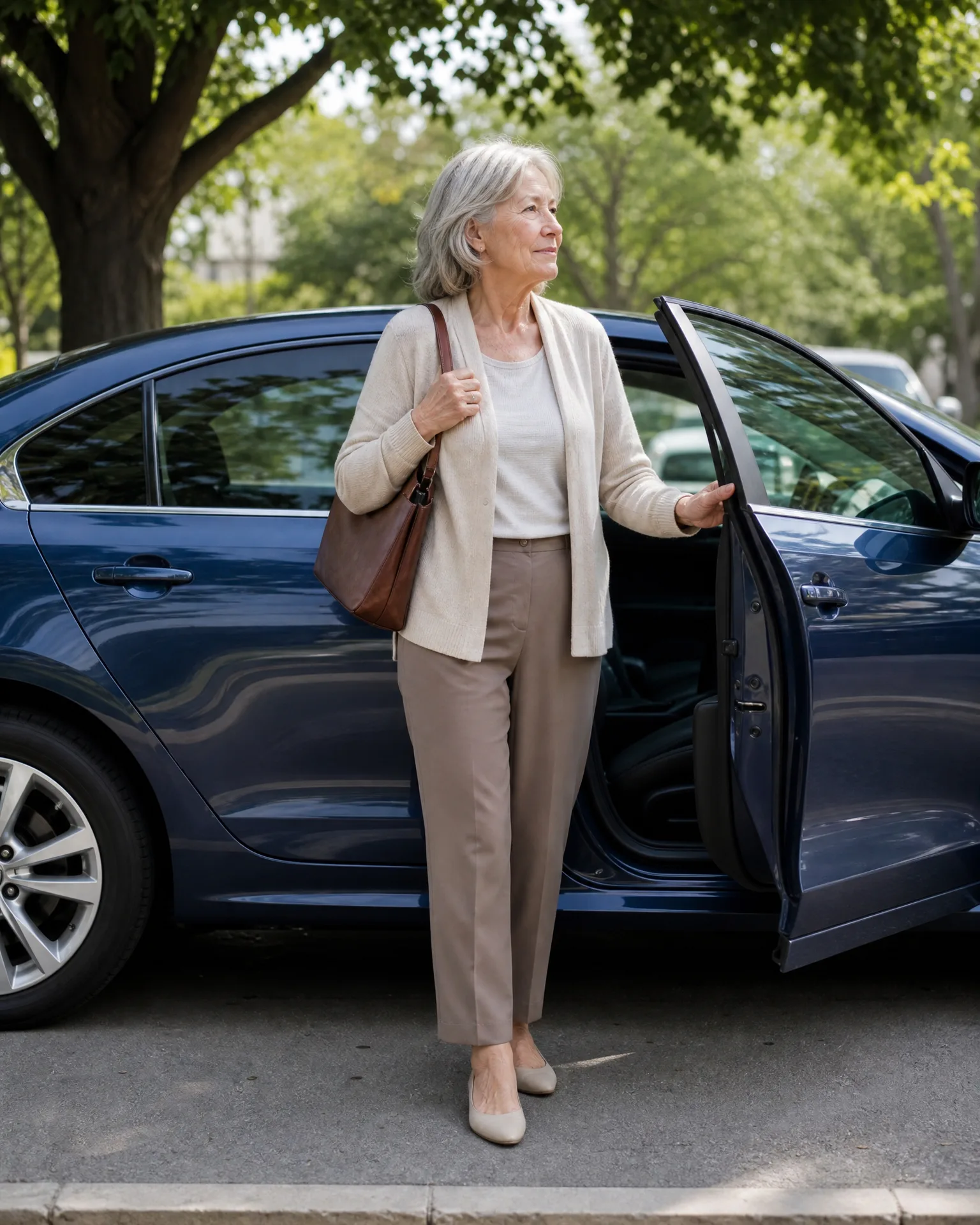 A woman with gray hair in a cream cardigan, taupe trousers and flat shoes stands beside the open rear door of a dark blue sedan parked by a curb, with leafy trees behind.