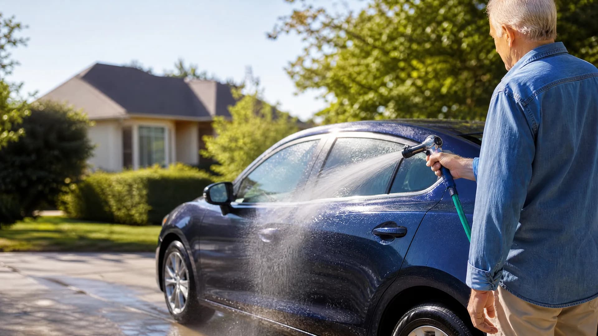 A man in a blue denim shirt sprays water from a hose nozzle onto a dark blue sedan parked on a driveway, with a single-story house and trees in the background.