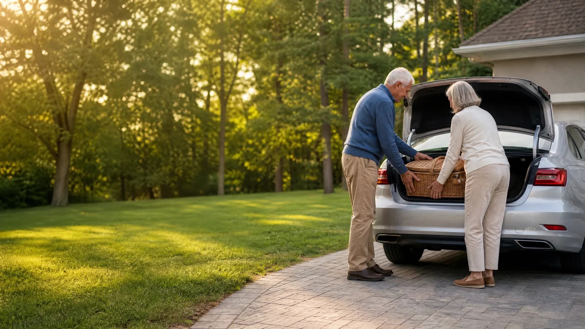 An older man and woman load a wicker basket into the open trunk of a silver car parked on a paver driveway beside a house, with green trees and lawn behind them.