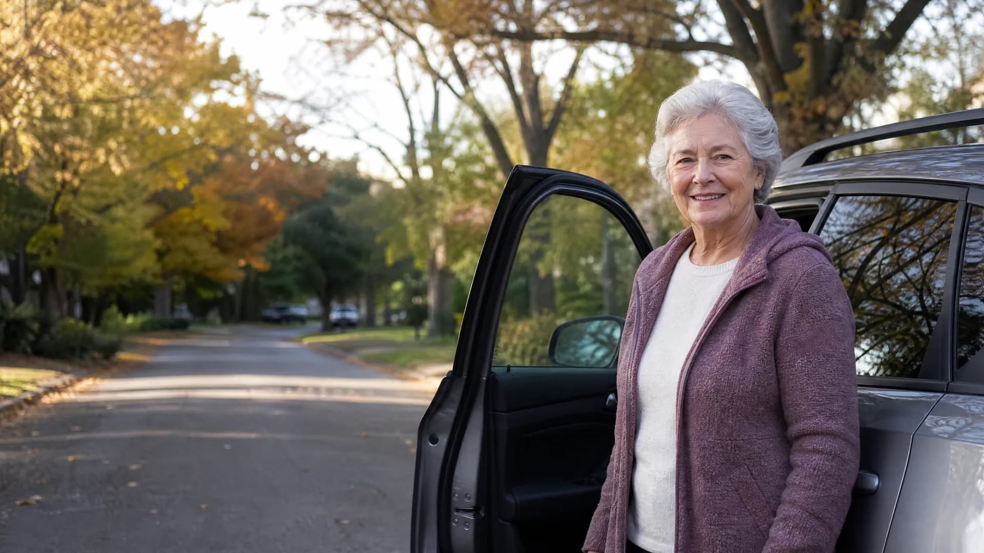 An older woman with short white hair in a mauve fleece jacket stands beside an open car door of a silver SUV on a tree-lined residential street with autumn foliage.