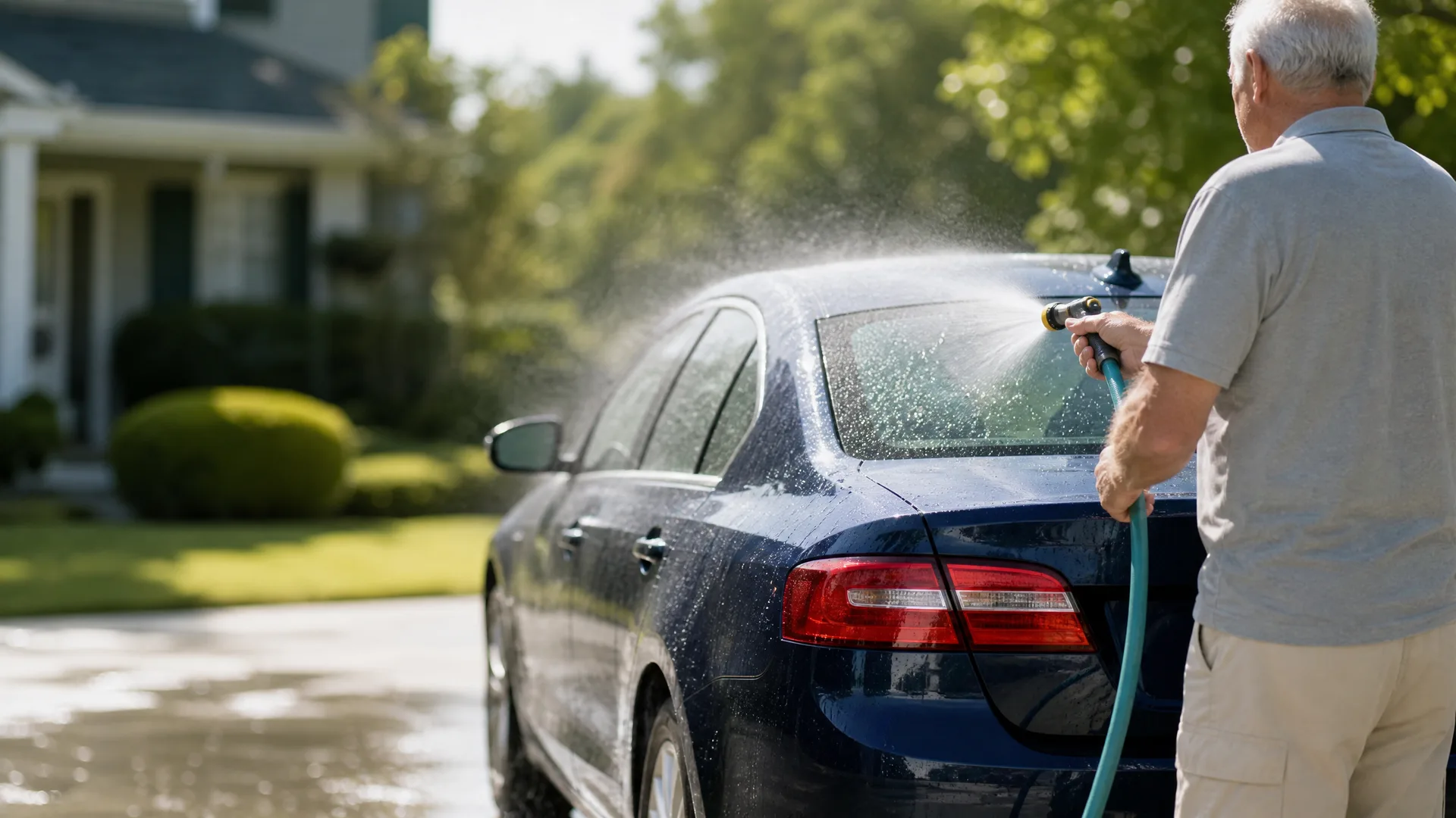 An older man in a gray polo shirt sprays a dark blue sedan with a garden hose nozzle on a driveway, with a house and green trees in the background.