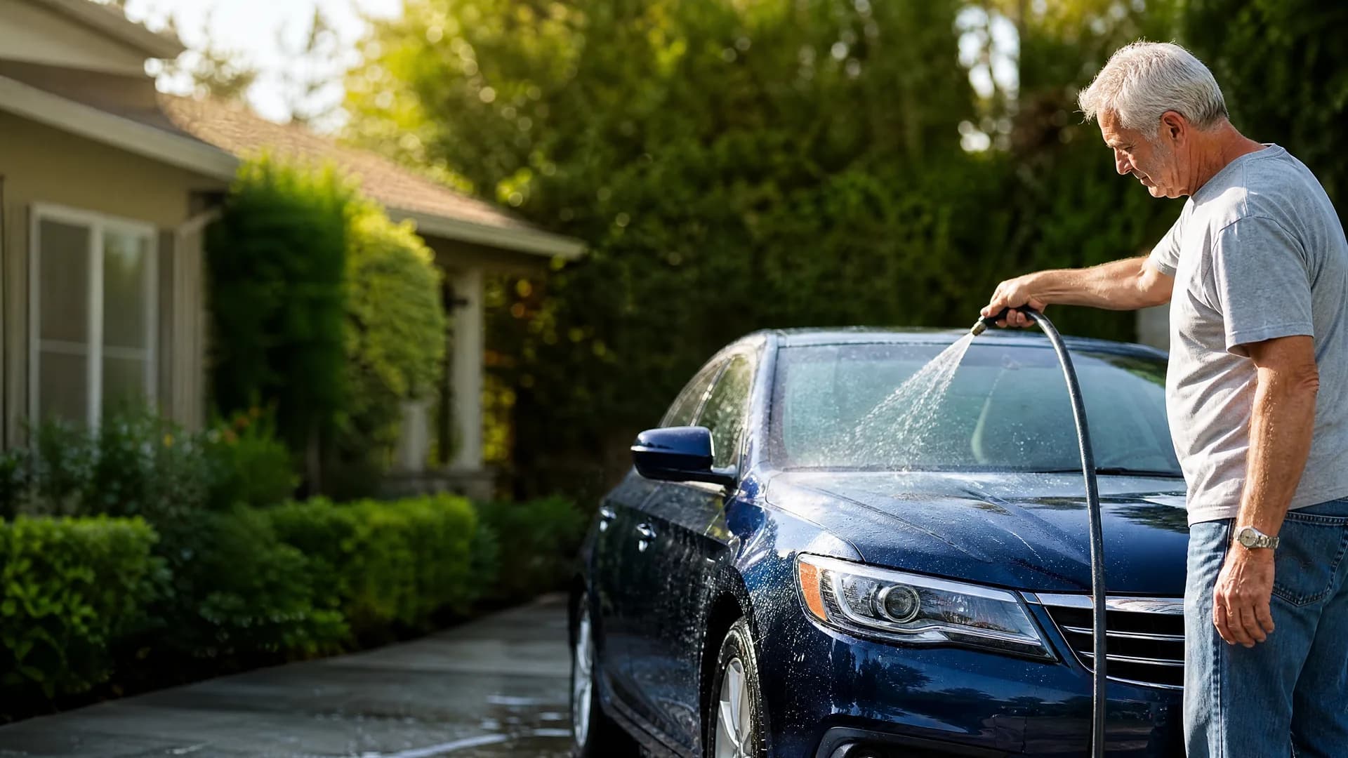 An older man in a gray T-shirt sprays water from a garden hose onto the hood of a dark blue sedan in a driveway beside a house with hedges and trees.