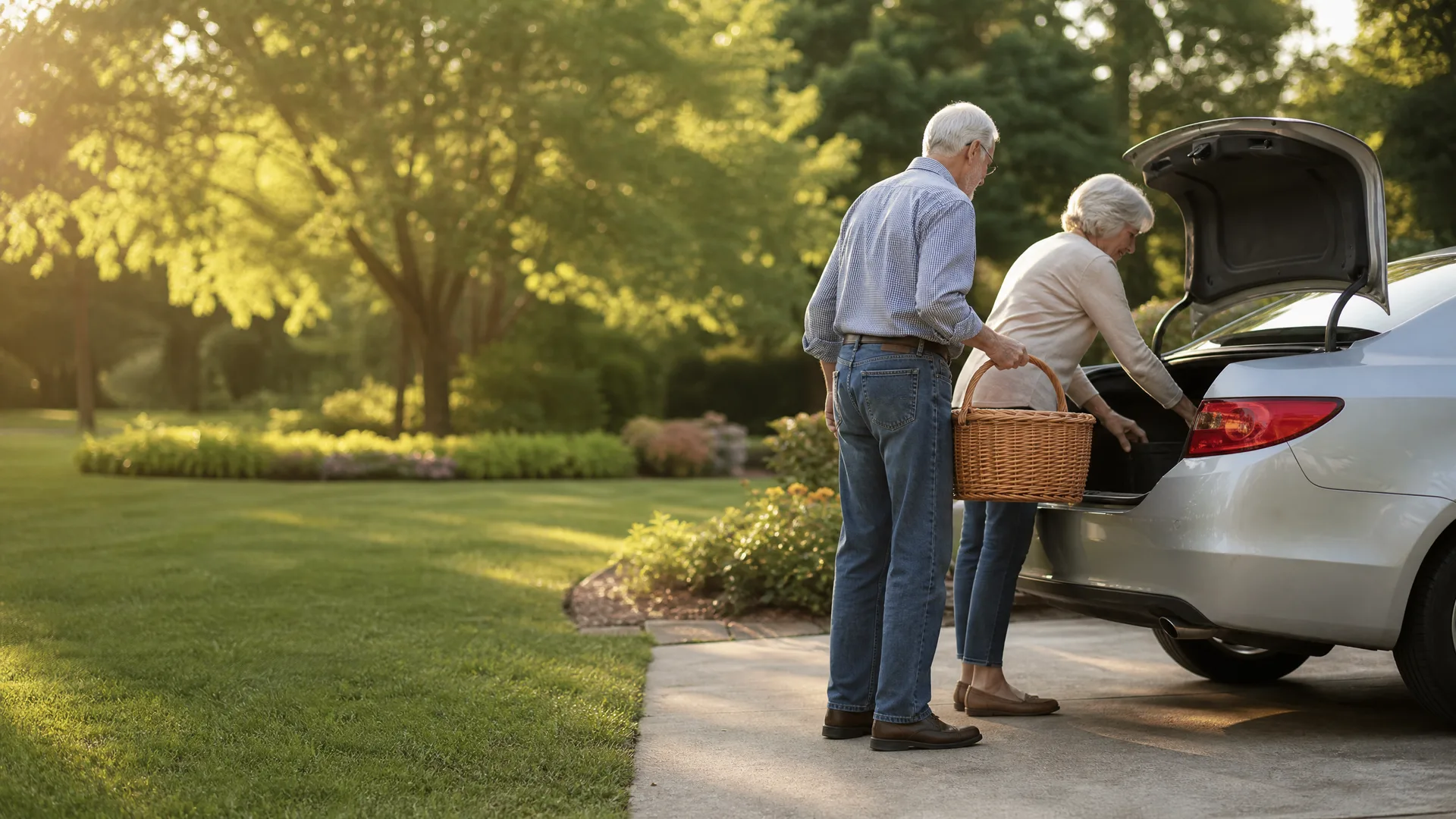 An older man holding a wicker basket and an older woman loading the open trunk of a silver car on a paved driveway beside a lawn and trees.