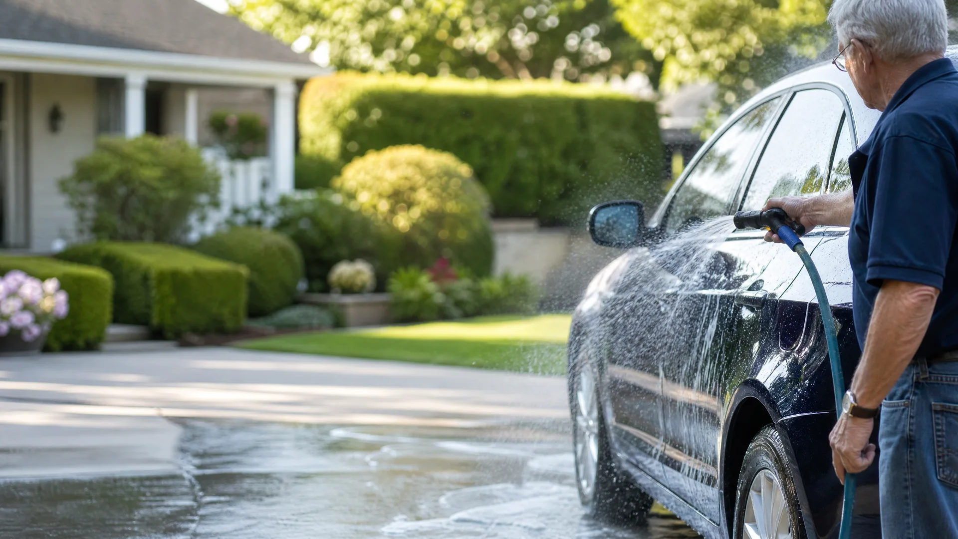 An older man in a dark polo shirt sprays water from a hose nozzle onto a dark sedan parked on a concrete driveway, with hedges, flower beds and a house in the background.