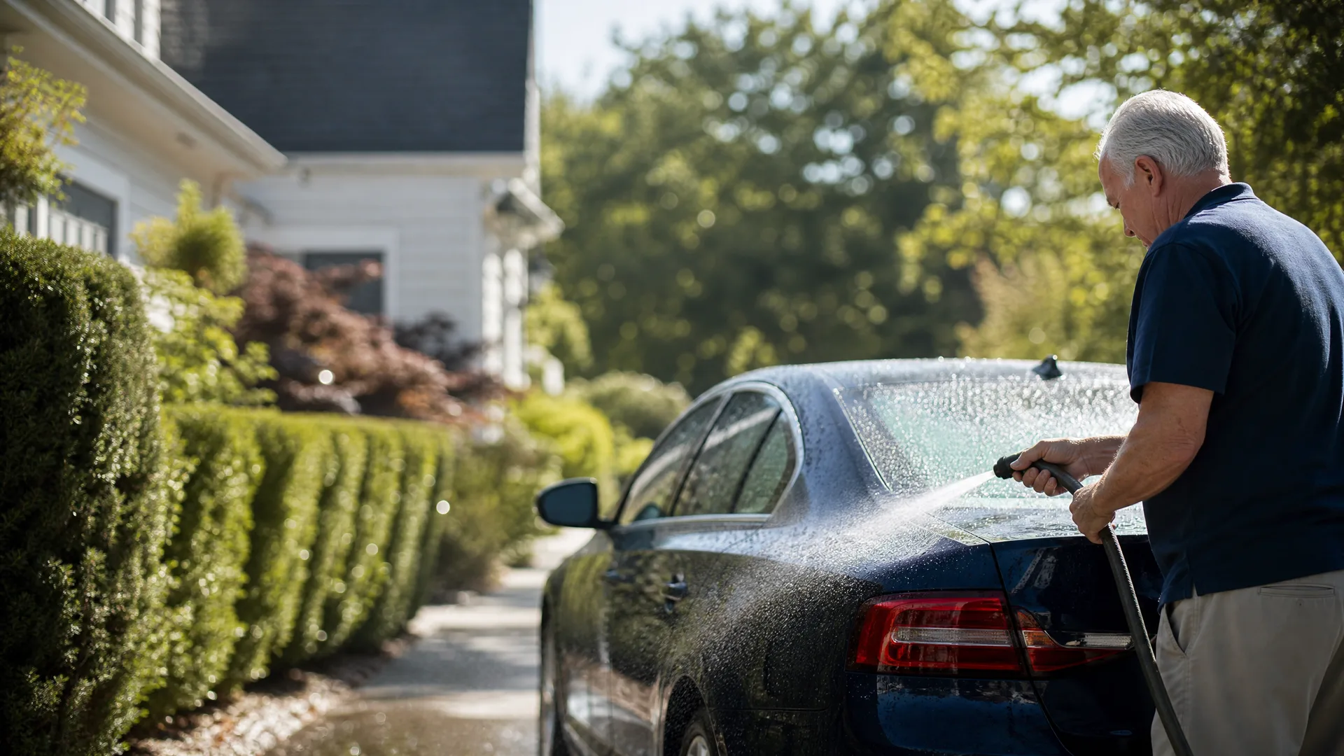 An older man in a dark blue polo shirt sprays water from a hose nozzle onto a dark sedan parked in a driveway beside a trimmed hedge and a white house.
