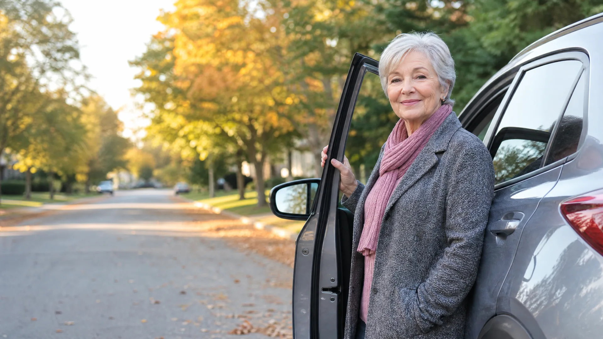 An older woman with short gray hair, wearing a gray coat and pink scarf, stands beside an open car door on a tree-lined residential street with autumn foliage.