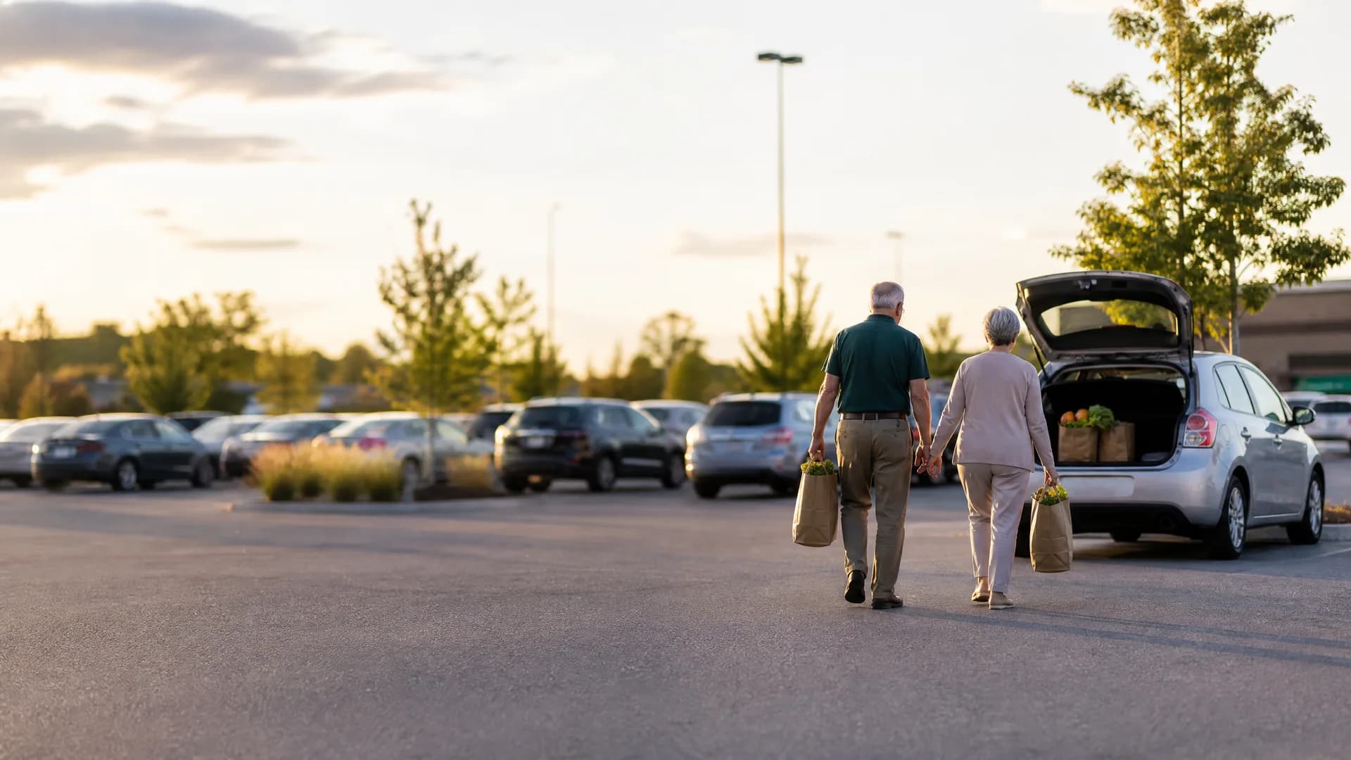 An older couple carrying paper grocery bags walks away from the camera across a parking lot toward a silver hatchback with its rear hatch open and bags inside, with parked cars and young trees in the background at sunset.