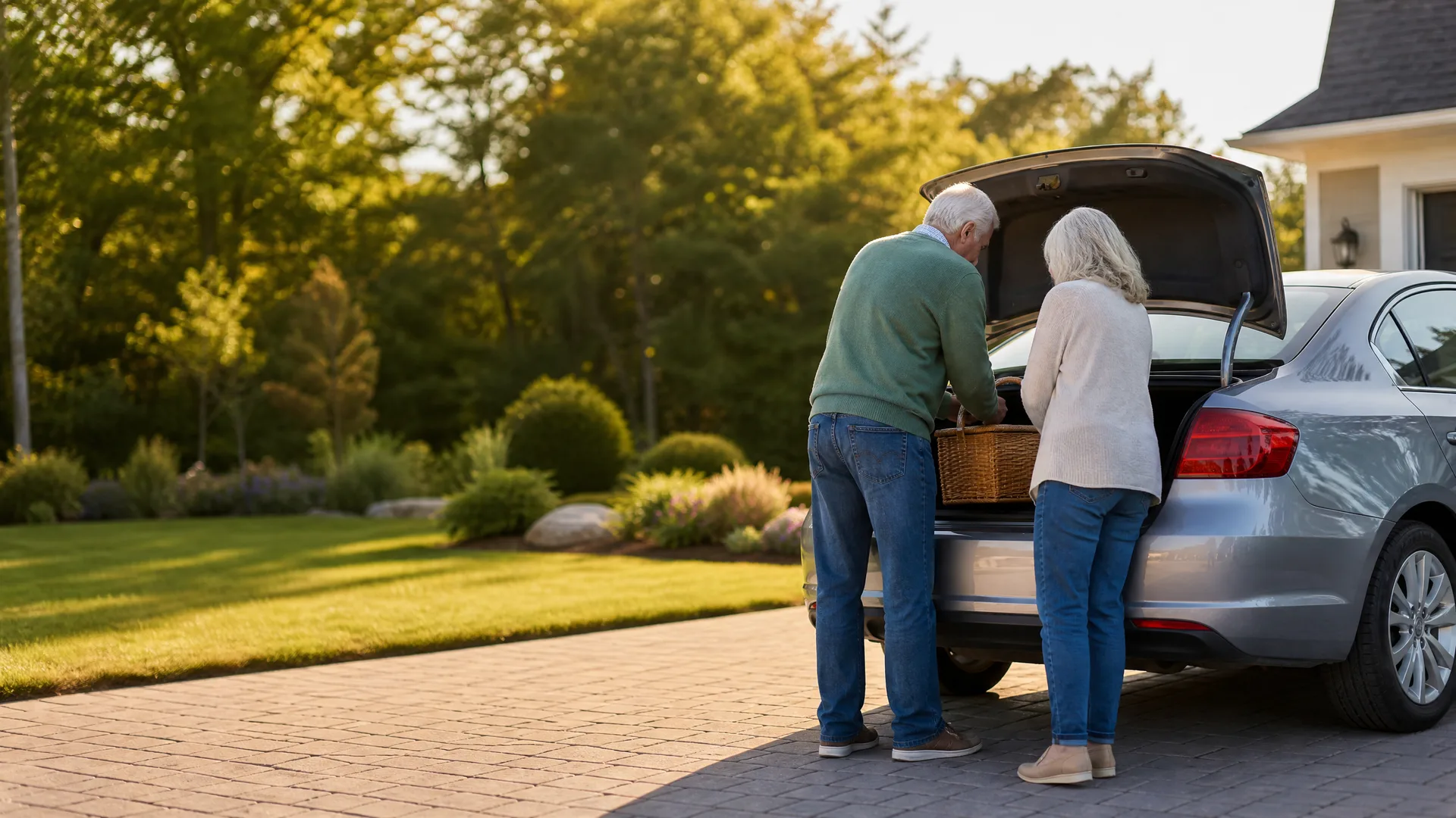 An older man and woman stand at the open hatchback of a silver car in a paved driveway, lifting a wicker basket into the cargo area, with a lawn and trees behind them.