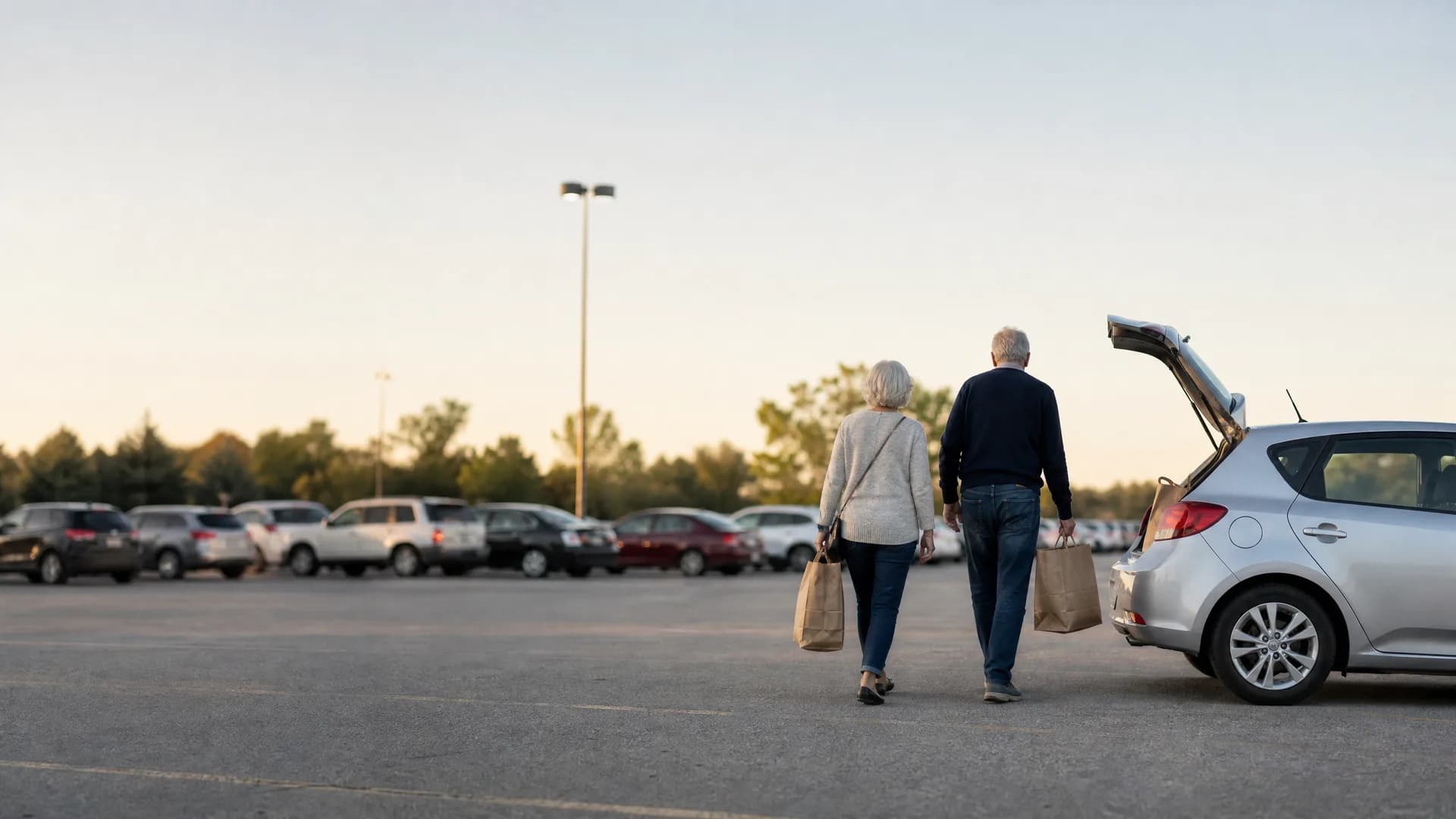 Two people walking away from the camera across a parking lot carrying paper grocery bags toward a silver hatchback with its rear hatch open, with parked cars, a light pole and trees in the background under a clear sky.