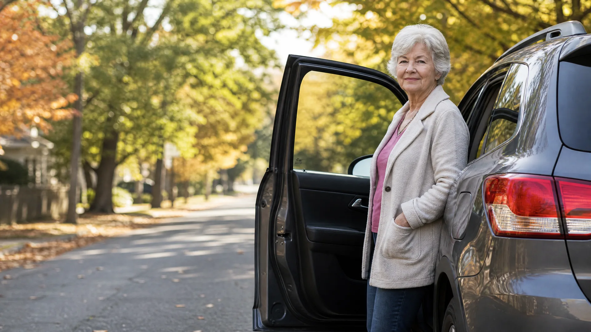 An older woman with white hair in a cream cardigan stands beside an open rear door of a dark SUV on a tree-lined residential street with yellowing autumn leaves.