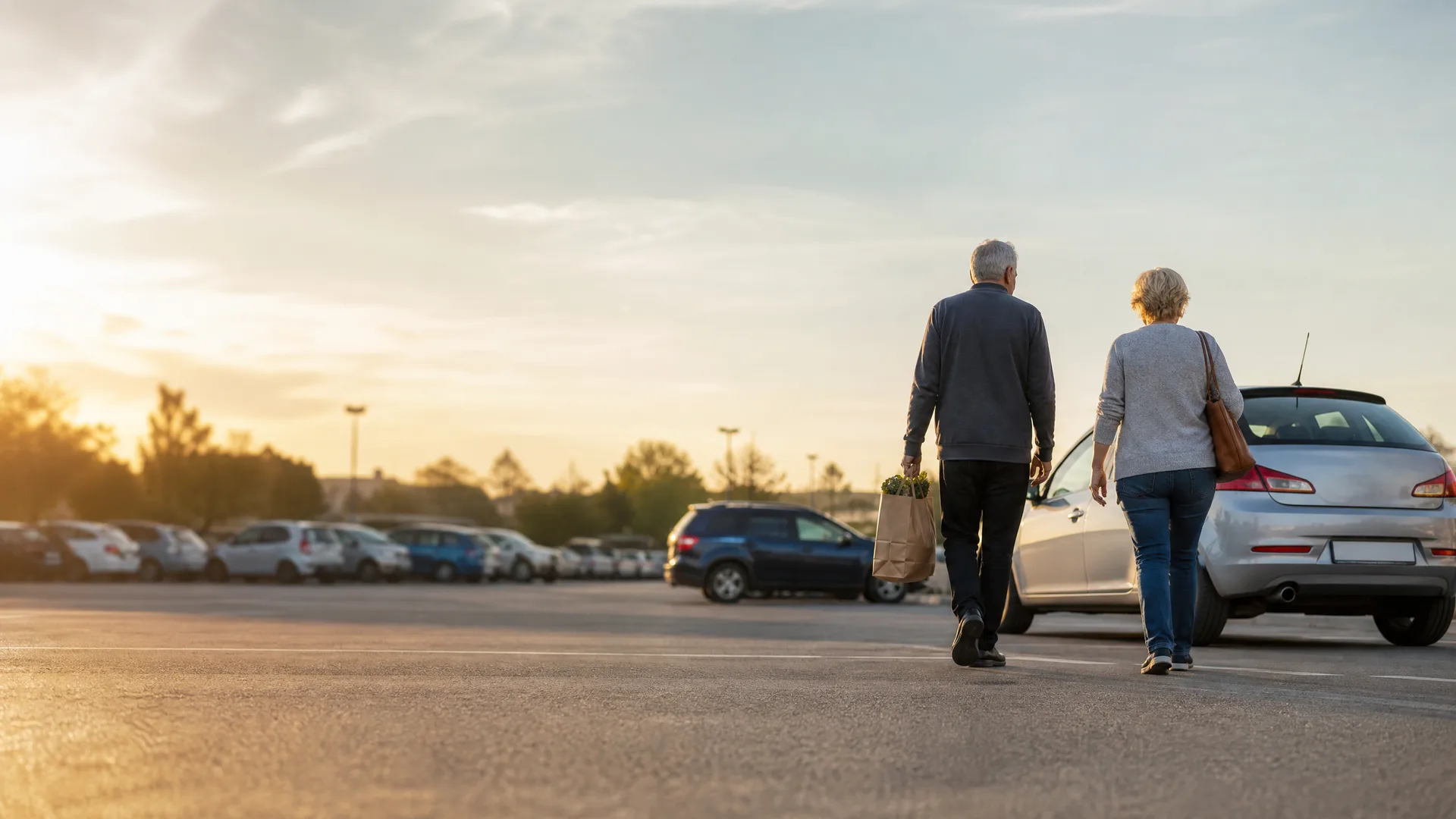 An older man carrying a paper grocery bag and a woman with a shoulder bag walk away from the camera across a parking lot lined with parked cars at sunset.