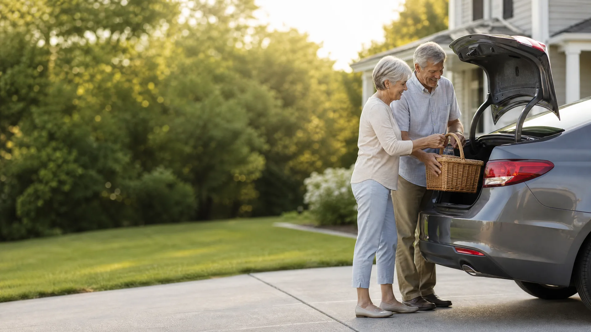 An older couple places a wicker picnic basket into the open hatchback of a gray car parked on a driveway beside a house, with a lawn and trees behind them.