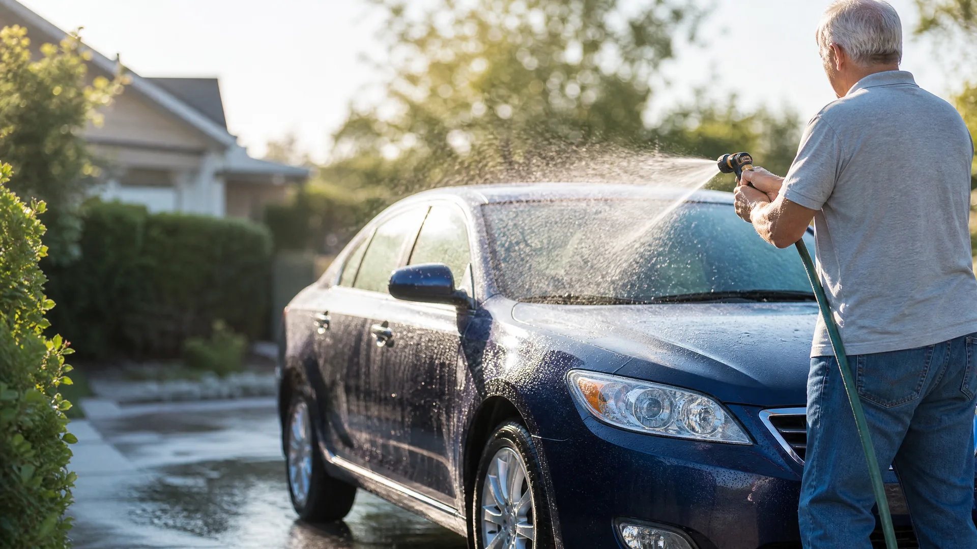 An older man in a grey polo shirt and jeans sprays a dark blue sedan with a garden hose nozzle on a driveway, with hedges and a house in the background.