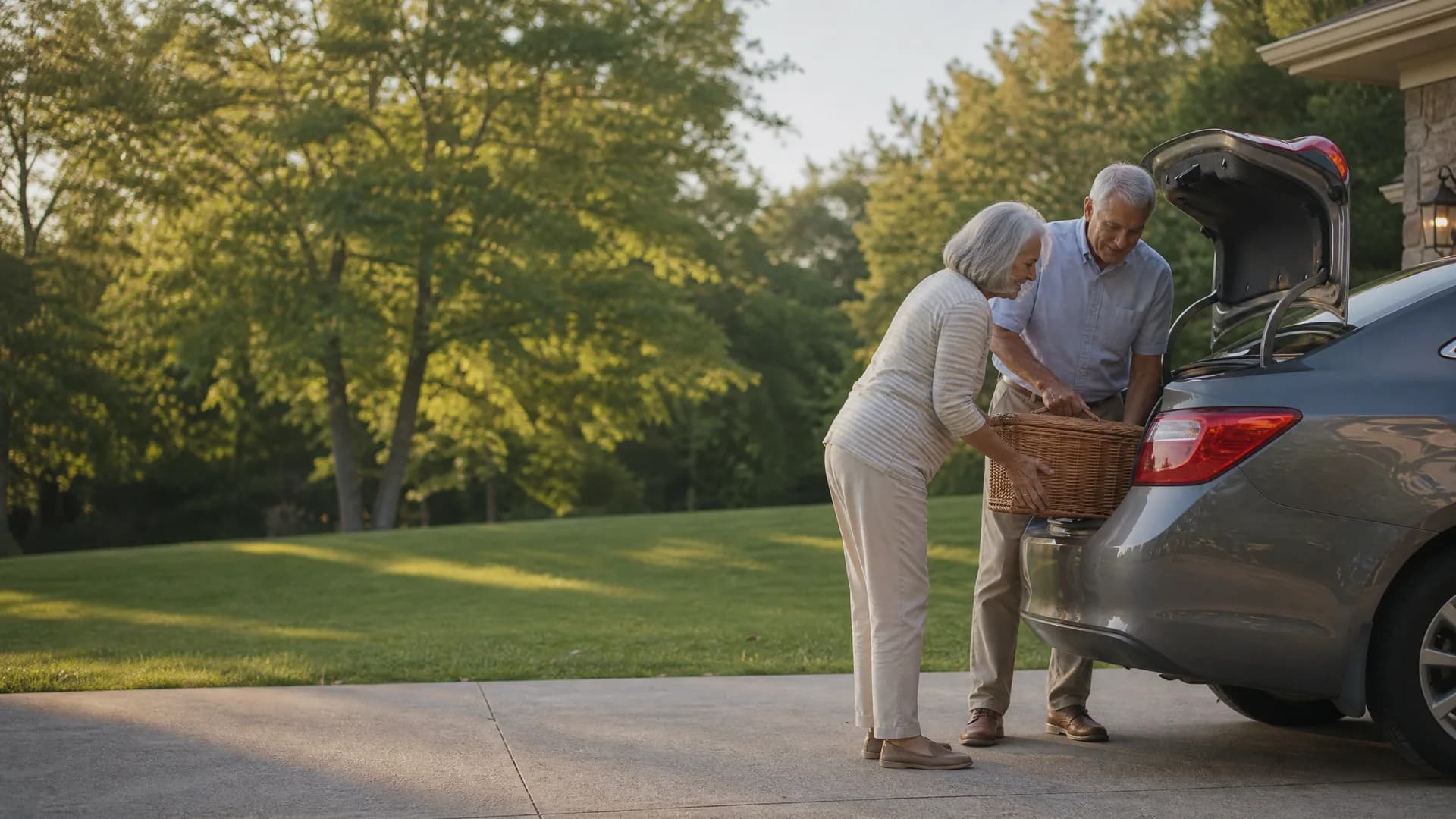 An older man and woman load a wicker basket into the open trunk of a gray sedan parked on a driveway beside a stone-faced house, with sunlit lawn and trees behind them.