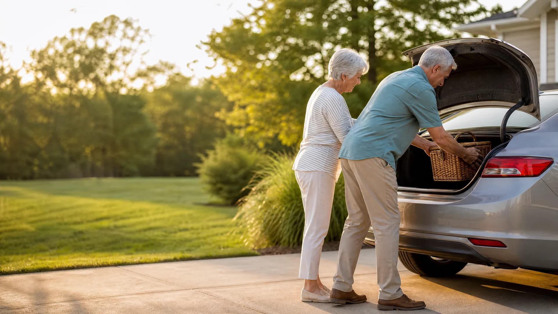 An older man loads a wicker basket into the open trunk of a silver car in a driveway while an older woman stands beside him, with a lawn and trees in the background.