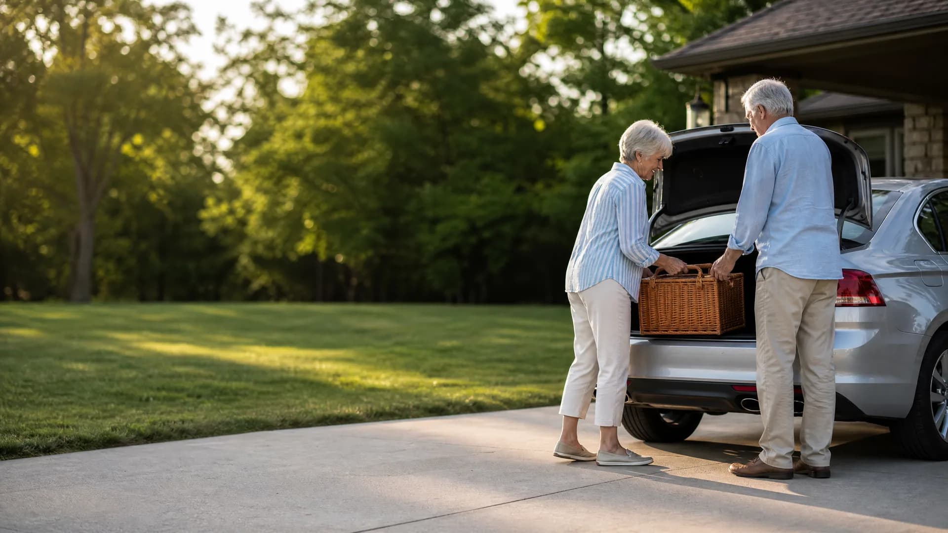 An older woman and man load a wicker basket into the open trunk of a silver car parked on a concrete driveway beside a house, with a lawn and green trees behind them.