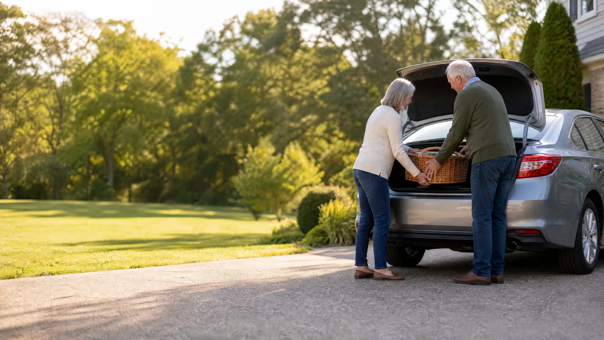 An older man and woman lift a wicker basket into the open trunk of a silver car parked on a driveway beside a lawn and trees.
