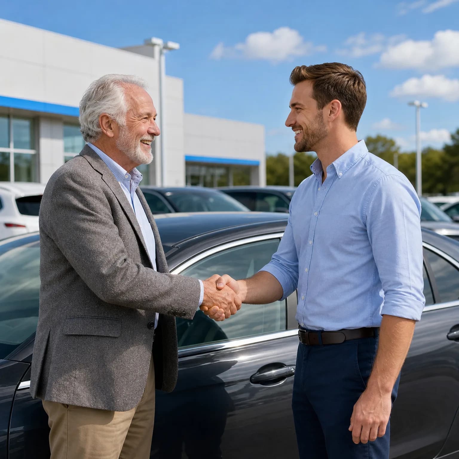 Two men shake hands beside a dark sedan in an outdoor lot of parked cars, with a white and blue commercial building behind them under a blue sky.