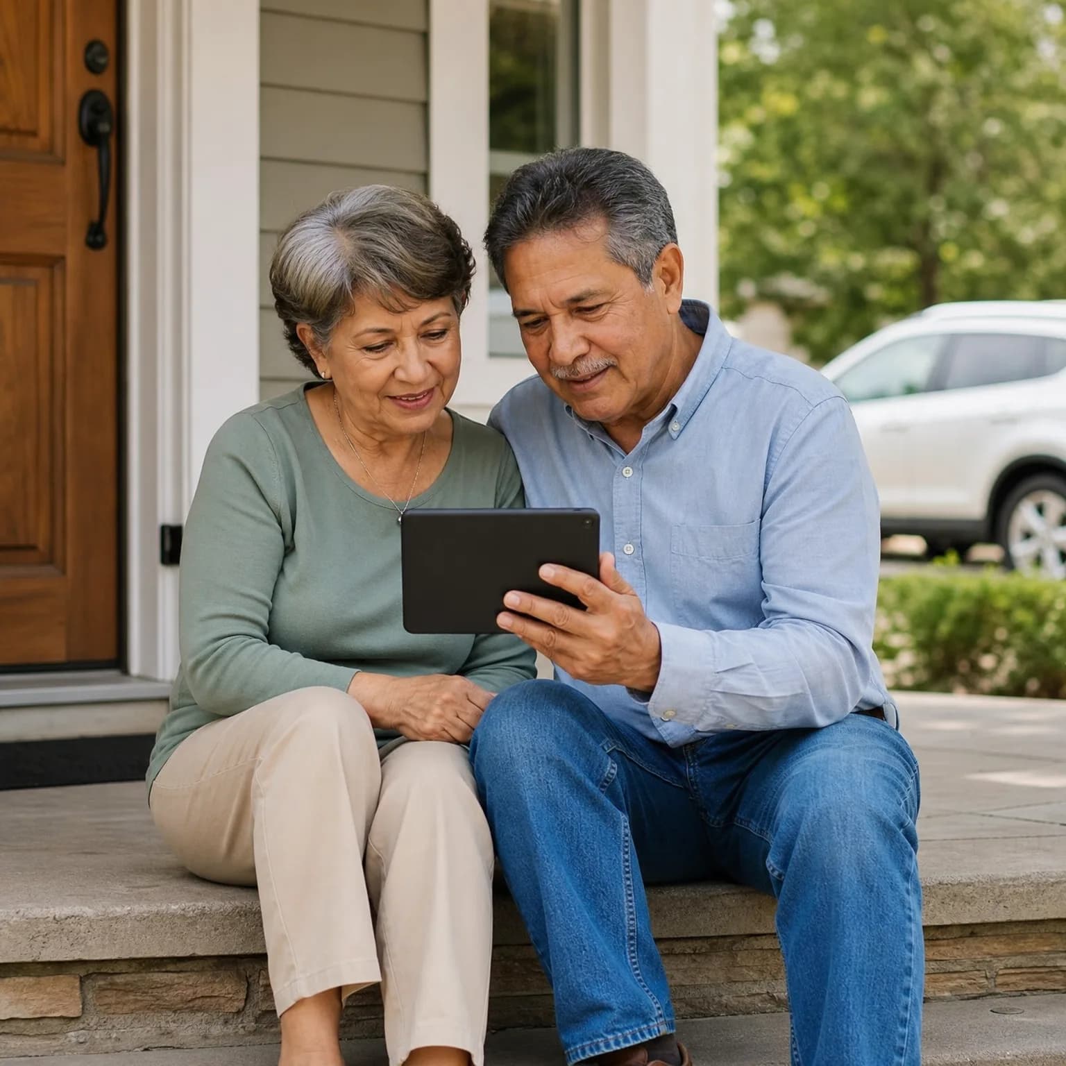 An older man and woman sit together on a front porch step of a house, looking at a tablet he is holding, with a parked SUV and green trees in the background.