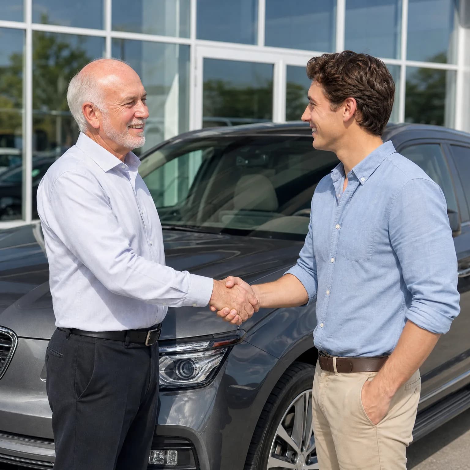 Two men shake hands in front of a dark gray SUV parked outside a glass-walled building.