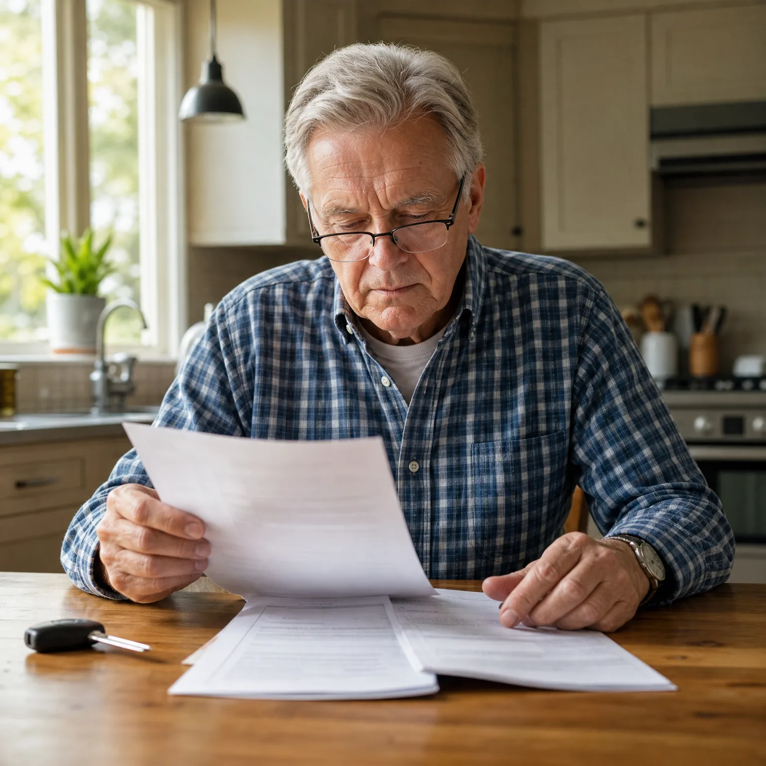 An older man in a blue plaid shirt and glasses sits at a wooden kitchen table reading a sheet of paper, with more documents and a car key fob on the table.