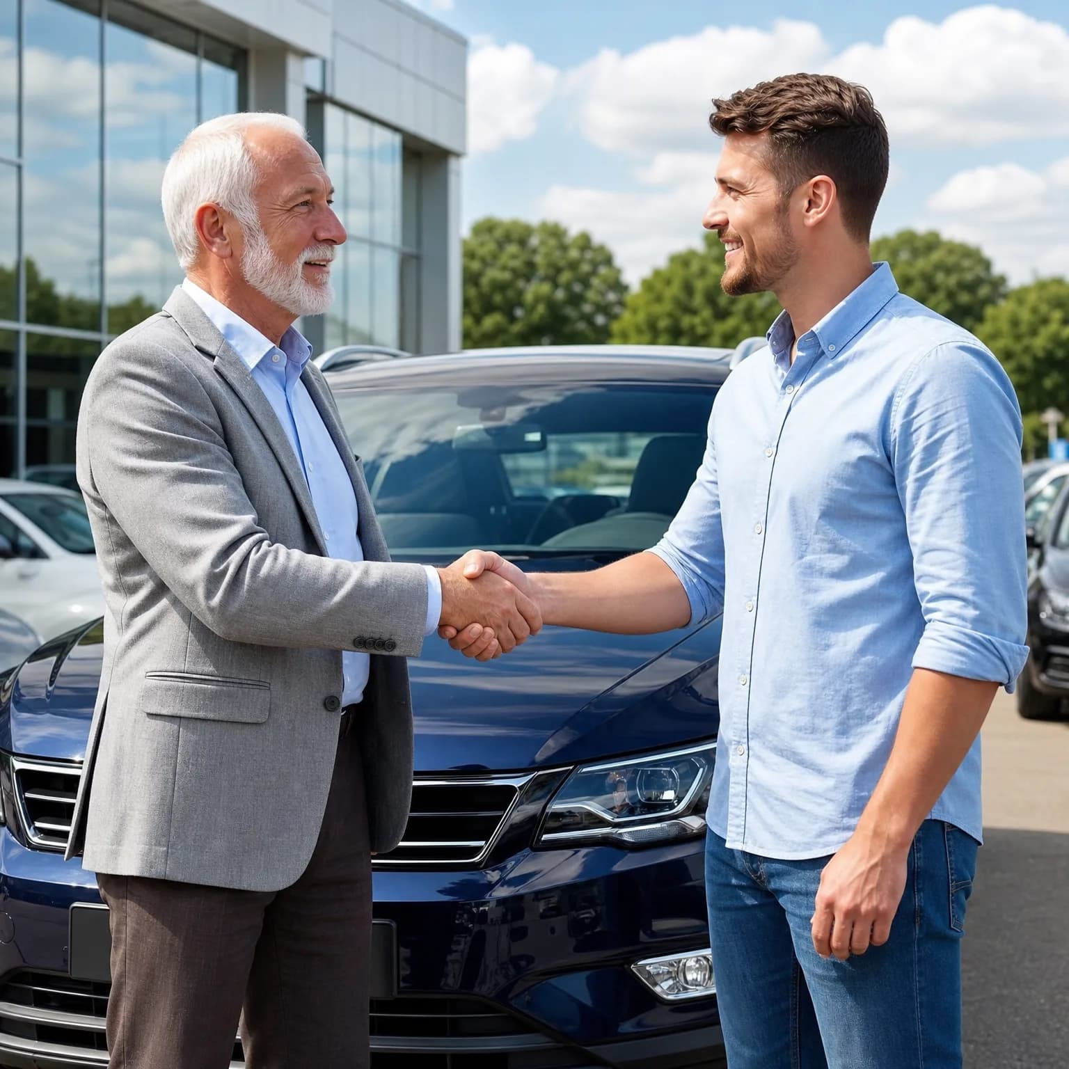 Two men shake hands in front of a dark blue car outside a glass-fronted building, with trees and a partly cloudy sky behind them.