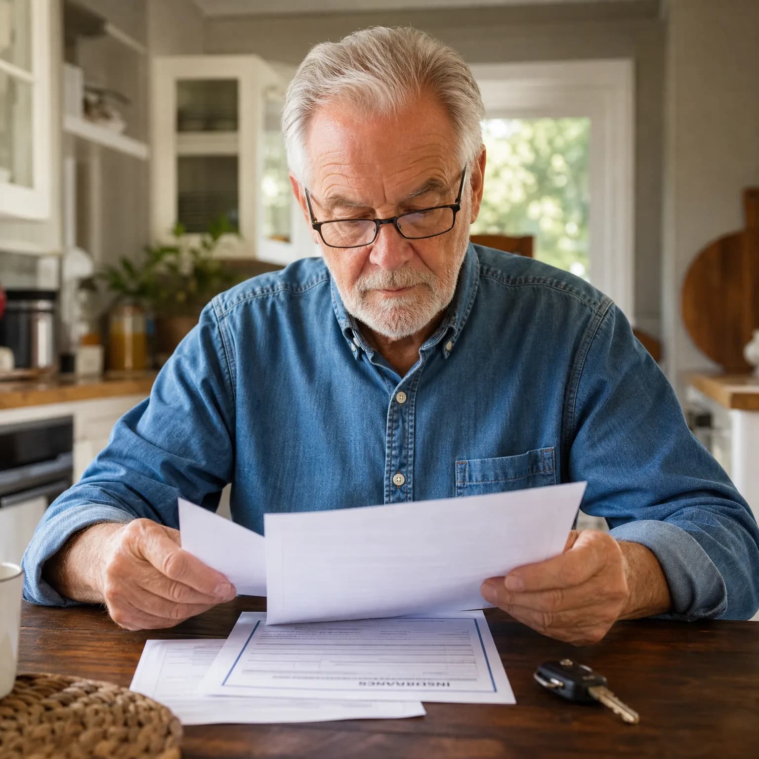An older man in a blue denim shirt and glasses sits at a dark wooden table in a kitchen, reading a printed document, with more papers and a car key fob on the table.