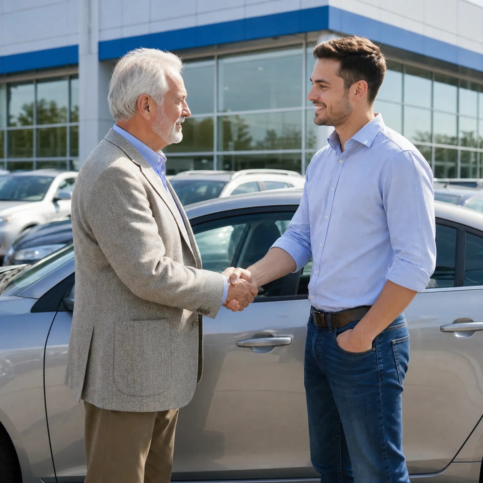 Two men shake hands beside a silver car in a lot of parked vehicles, in front of a glass-fronted building with a blue trim band.