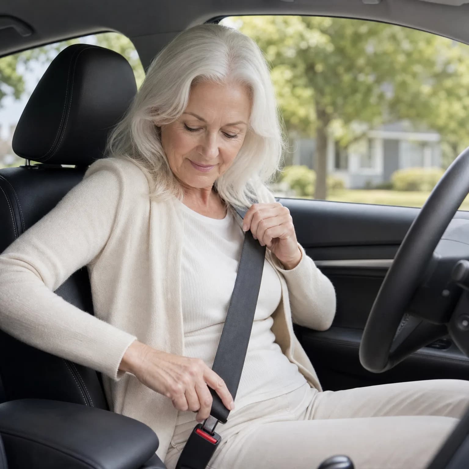 An older woman with white hair, wearing a cream cardigan, sits in a car's driver seat and pulls the seat belt buckle toward the latch, with green trees and a house blurred outside the window.