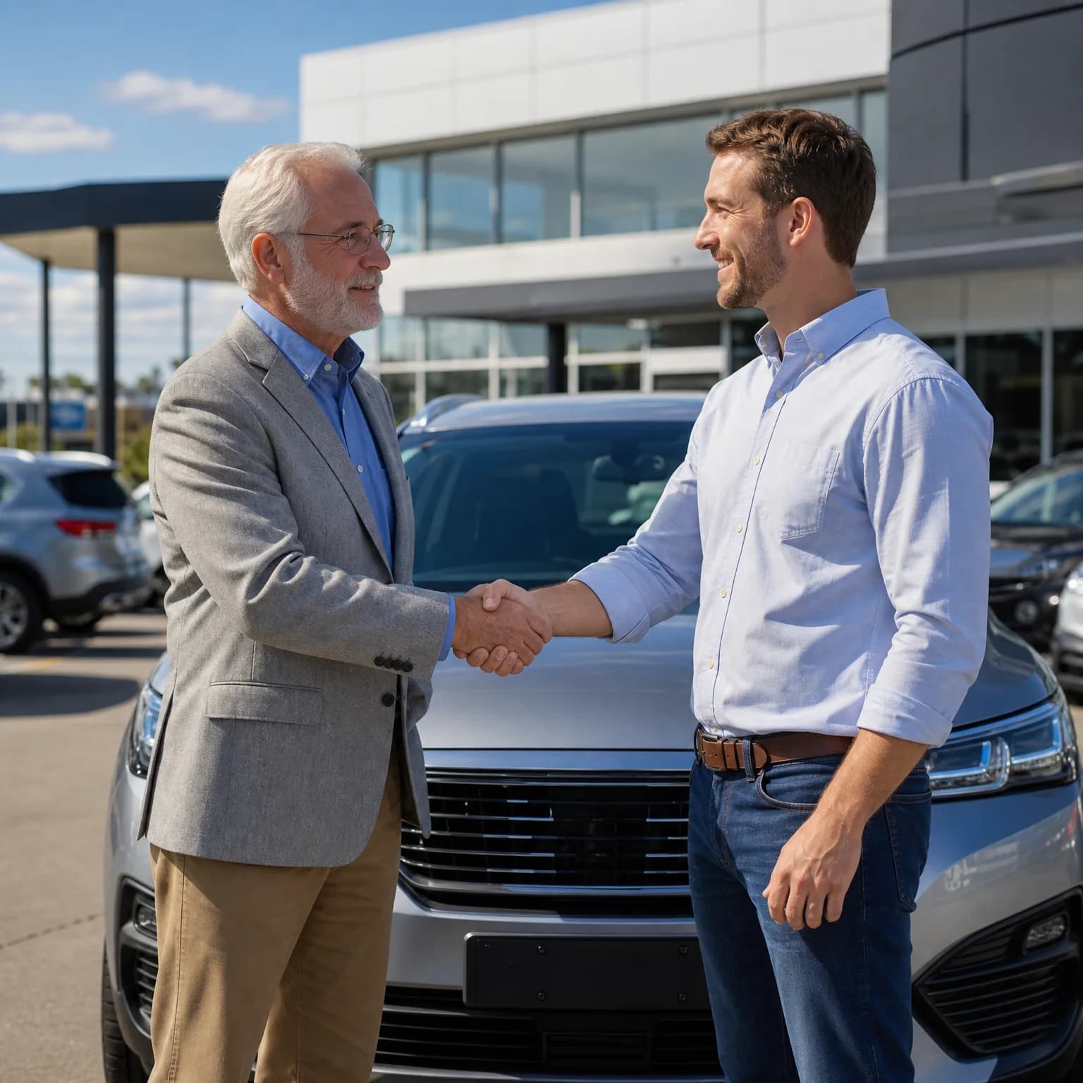 Two men shake hands in front of a silver car outside a glass-fronted building, one older in a grey blazer and the other younger in a light blue shirt and jeans.
